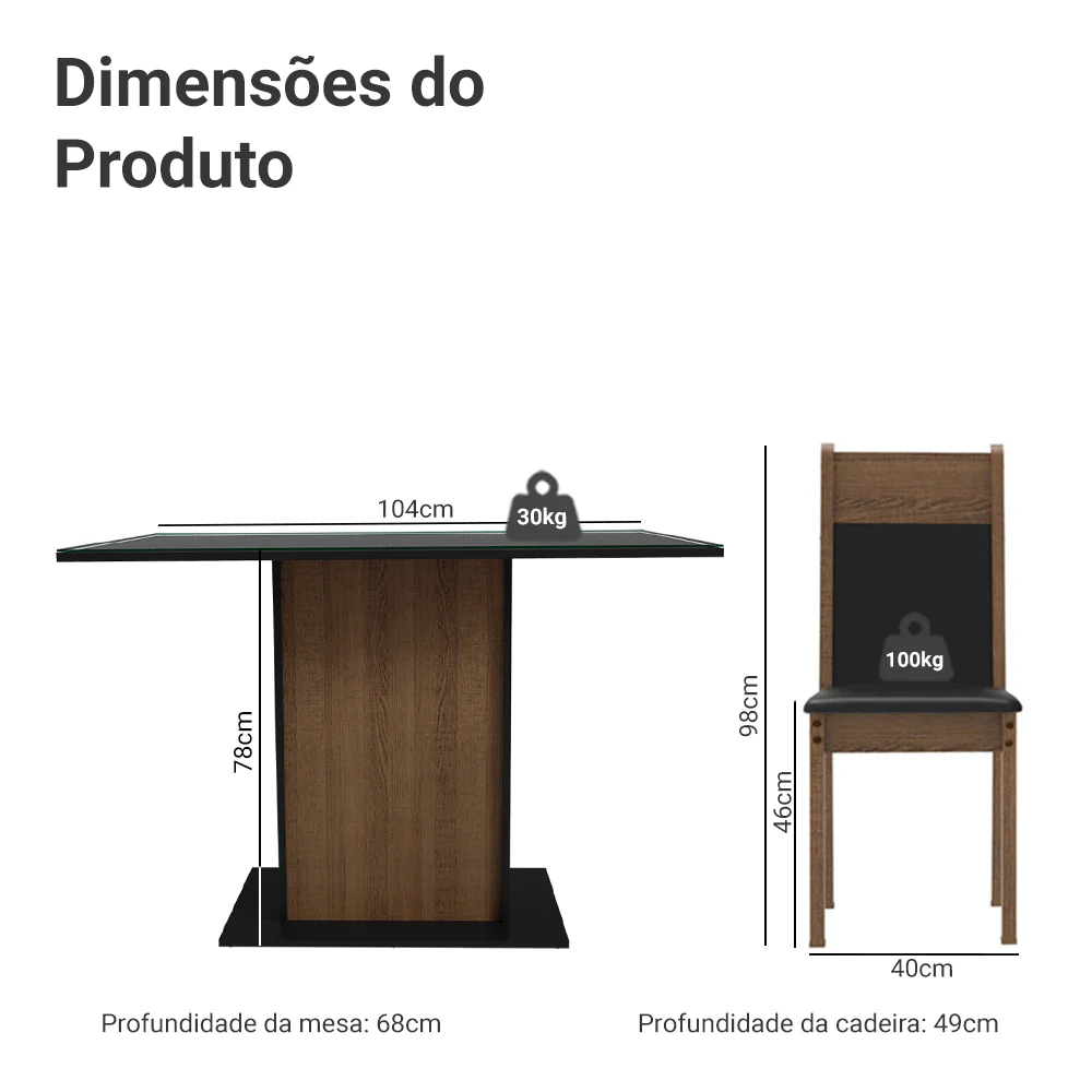 Conjunto Sala de Jantar Mesa Tampo de Vidro 4 Cadeiras Rustic/Preto Viena Madesa - Image 3
