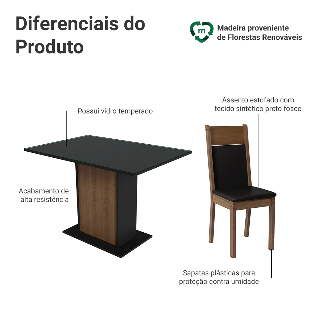 Conjunto Sala de Jantar Mesa Tampo de Vidro 4 Cadeiras Rustic/Preto Viena Madesa - Image 4