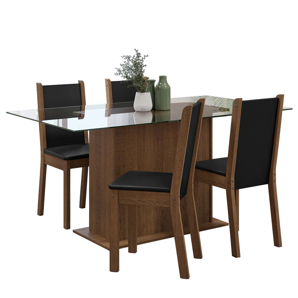 Conjunto Sala de Jantar Mesa Tampo de Vidro 4 Cadeiras Rustic/Preto Yara Madesa - Image 2