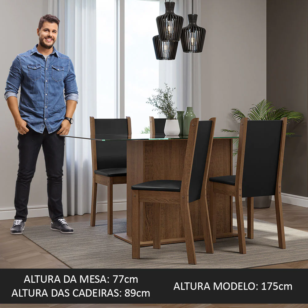 Conjunto Sala de Jantar Mesa Tampo de Vidro 4 Cadeiras Rustic/Preto Yara Madesa - Image 5