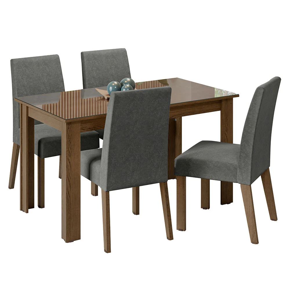 Conjunto Sala de Jantar Mesa Tampo de Vidro 4 Cadeiras Rustic/Silver Antônia Madesa - Image 2