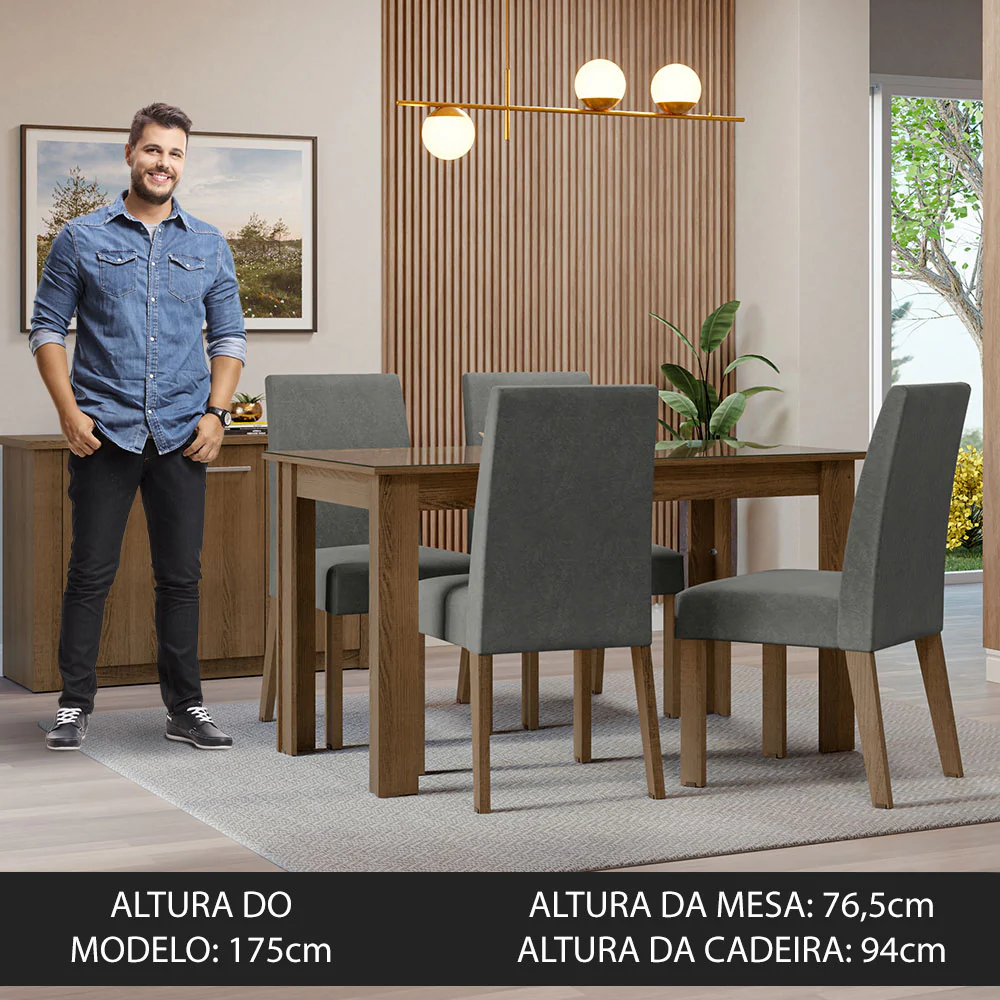 Conjunto Sala de Jantar Mesa Tampo de Vidro 4 Cadeiras Rustic/Silver Antônia Madesa - Image 4