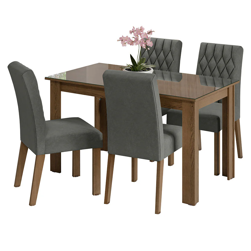 Conjunto Sala de Jantar Mesa Tampo de Vidro 4 Cadeiras Rustic/Silver Celina Madesa - Image 2