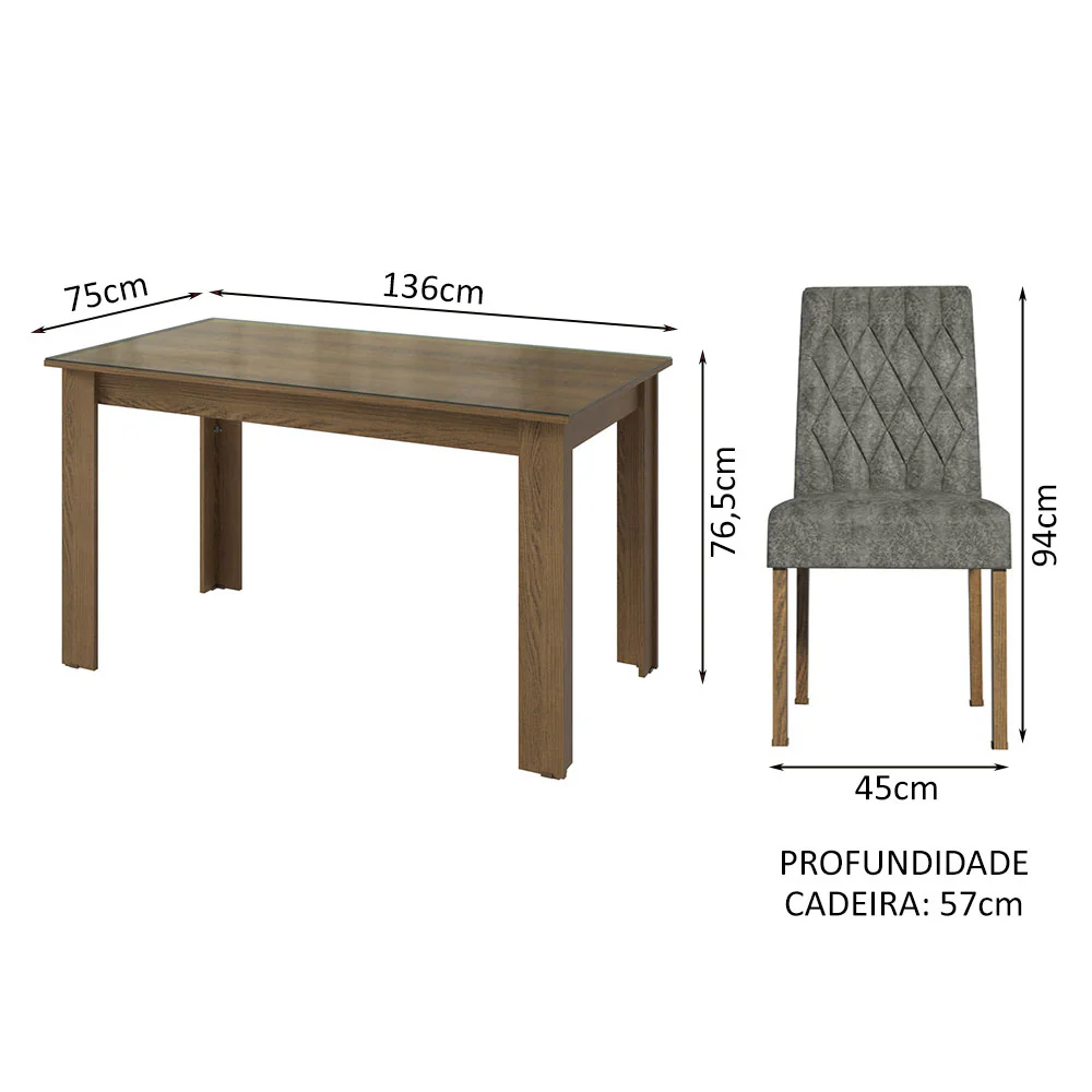 Conjunto Sala de Jantar Mesa Tampo de Vidro 4 Cadeiras Rustic/Silver Celina Madesa - Image 3