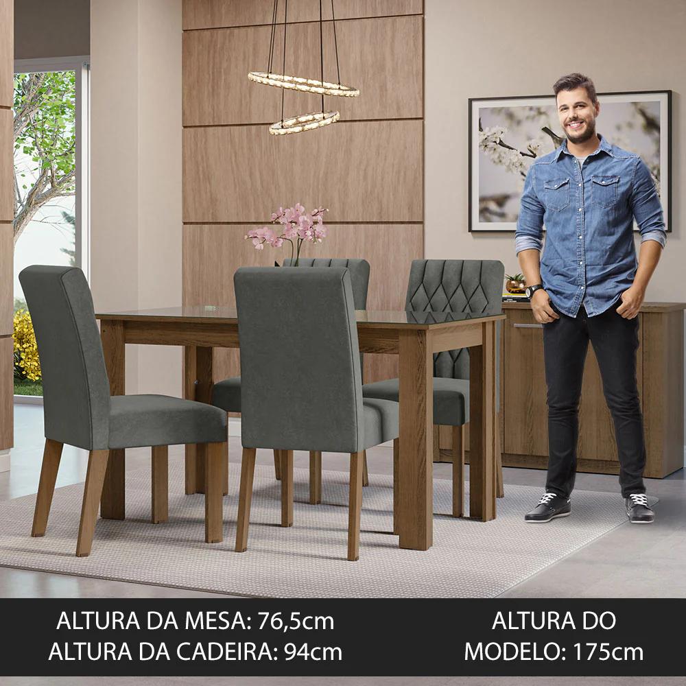 Conjunto Sala de Jantar Mesa Tampo de Vidro 4 Cadeiras Rustic/Silver Celina Madesa - Image 4