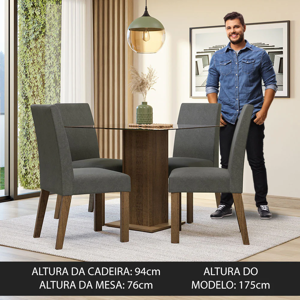 Conjunto Sala de Jantar Mesa Tampo de Vidro 4 Cadeiras Rustic/Silver Ivy Madesa - Image 5