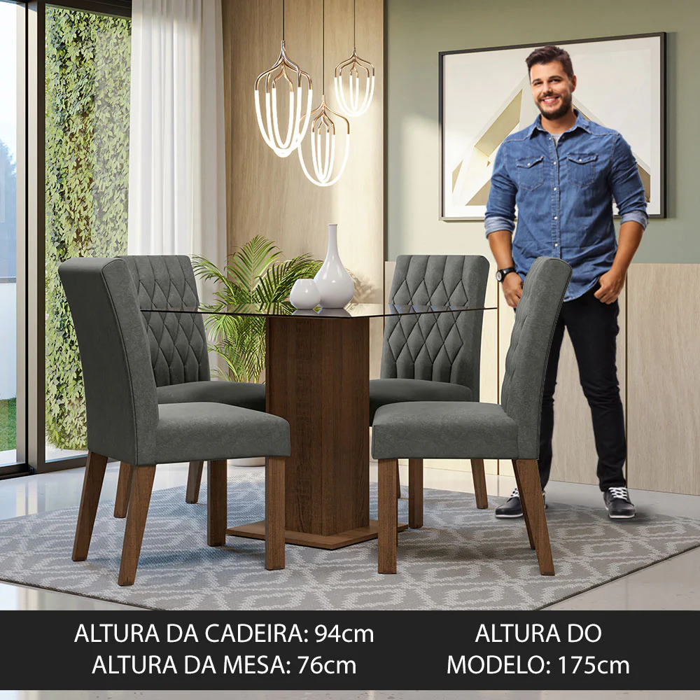 Conjunto Sala de Jantar Mesa Tampo de Vidro 4 Cadeiras Rustic/Silver Noemi Madesa - Image 4