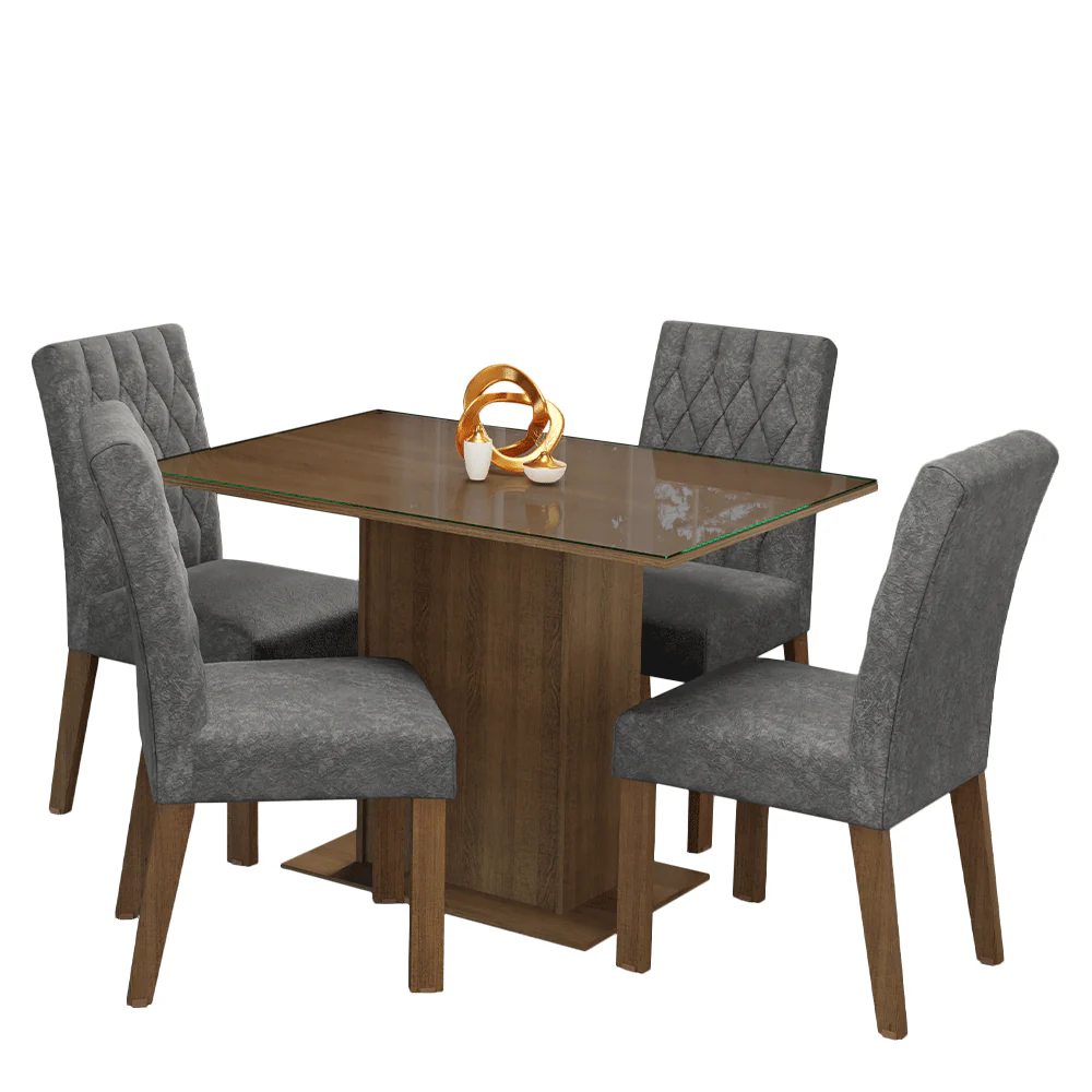 Conjunto Sala de Jantar Mesa Tampo de Vidro 4 Cadeiras Rustic/Silver Reale Madesa - Image 2