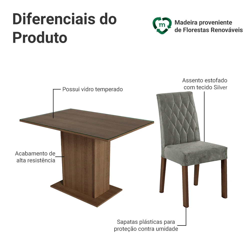 Conjunto Sala de Jantar Mesa Tampo de Vidro 4 Cadeiras Rustic/Silver Reale Madesa - Image 4
