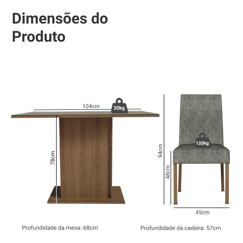 Conjunto Sala de Jantar Mesa Tampo de Vidro 4 Cadeiras Rustic/Silver Zion Madesa - Image 3