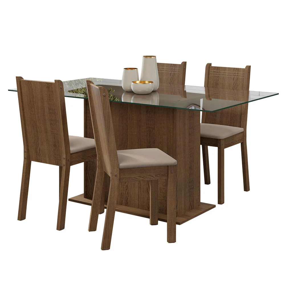 Conjunto Sala de Jantar Mesa Tampo de Vidro 4 Cadeiras Rustic/Sintético Bege Espanha Madesa - Image 2