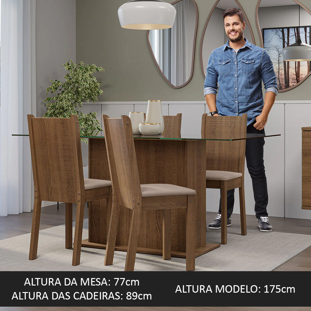 Conjunto Sala de Jantar Mesa Tampo de Vidro 4 Cadeiras Rustic/Sintético Bege Espanha Madesa - Image 5