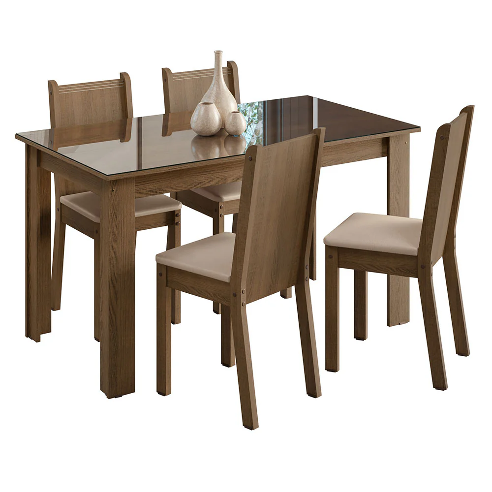 Conjunto Sala de Jantar Mesa Tampo de Vidro 4 Cadeiras Rustic/Sintético Bege Kiara Madesa - Image 2