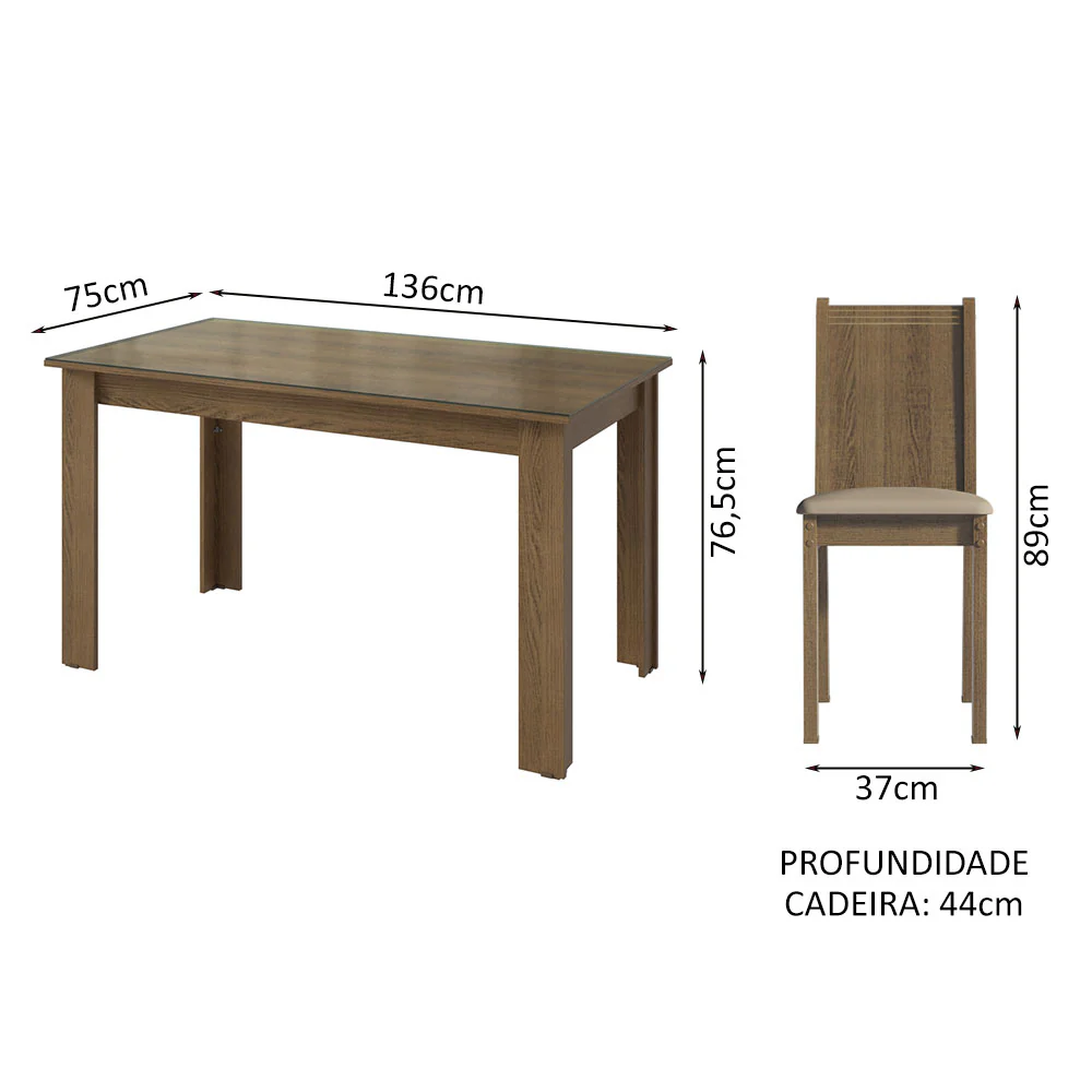 Conjunto Sala de Jantar Mesa Tampo de Vidro 4 Cadeiras Rustic/Sintético Bege Kiara Madesa - Image 3