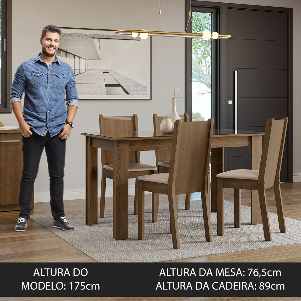 Conjunto Sala de Jantar Mesa Tampo de Vidro 4 Cadeiras Rustic/Sintético Bege Kiara Madesa - Image 4