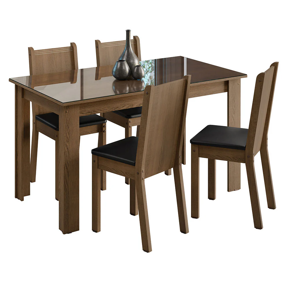 Conjunto Sala de Jantar Mesa Tampo de Vidro 4 Cadeiras Rustic/Sintético Preto Kiara Madesa - Image 2