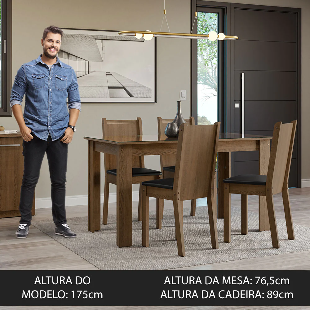 Conjunto Sala de Jantar Mesa Tampo de Vidro 4 Cadeiras Rustic/Sintético Preto Kiara Madesa - Image 4