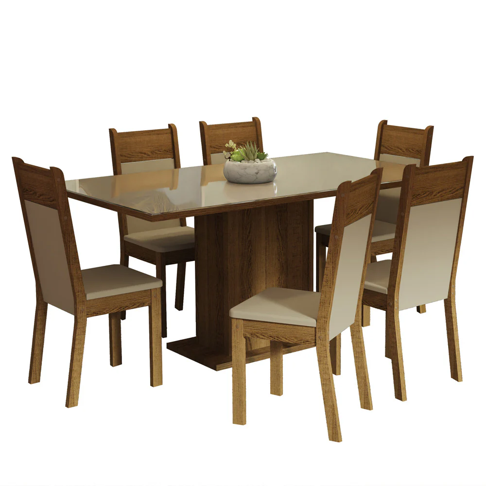 Conjunto Sala de Jantar Mesa Tampo de Vidro 6 Cadeiras Crema/Rustic/Bege Francine Madesa - Image 2