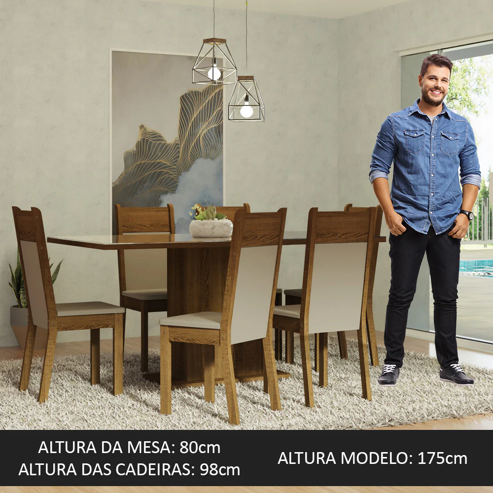 Conjunto Sala de Jantar Mesa Tampo de Vidro 6 Cadeiras Crema/Rustic/Bege Francine Madesa - Image 4