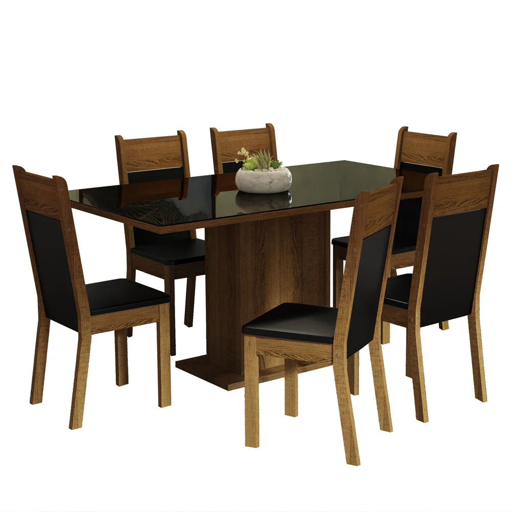 Conjunto Sala de Jantar Mesa Tampo de Vidro 6 Cadeiras Preto/Rustic Francine Madesa - Image 2