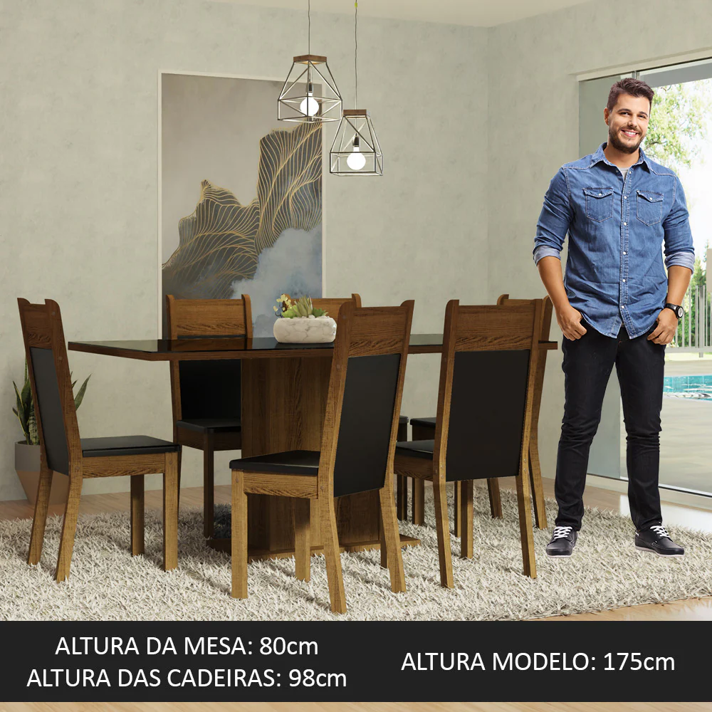 Conjunto Sala de Jantar Mesa Tampo de Vidro 6 Cadeiras Preto/Rustic Francine Madesa - Image 4