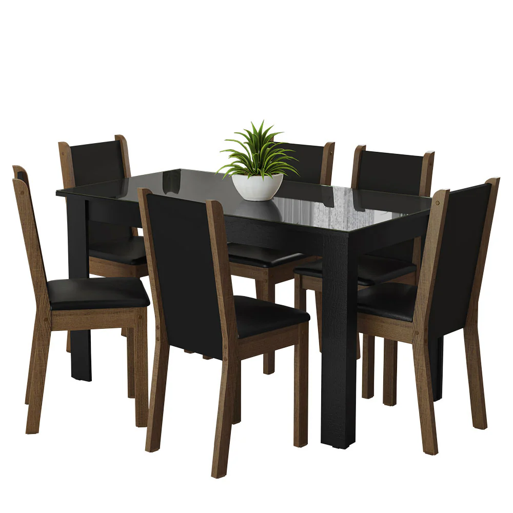 Conjunto Sala de Jantar Mesa Tampo de Vidro 6 Cadeiras Preto/Rustic Heloísa Madesa - Image 2