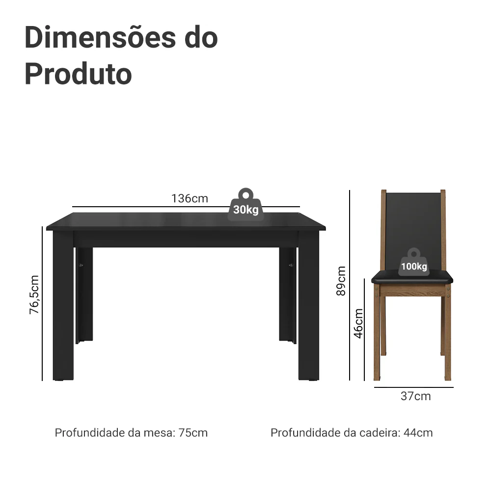 Conjunto Sala de Jantar Mesa Tampo de Vidro 6 Cadeiras Preto/Rustic Heloísa Madesa - Image 3