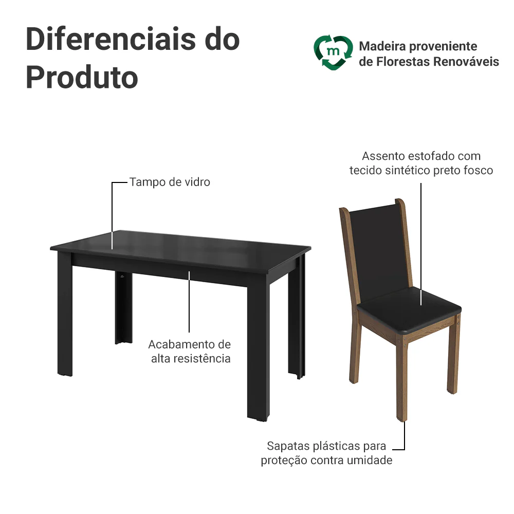 Conjunto Sala de Jantar Mesa Tampo de Vidro 6 Cadeiras Preto/Rustic Heloísa Madesa - Image 4
