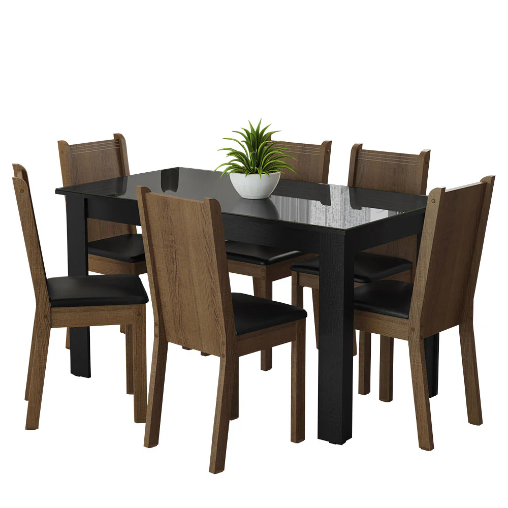 Conjunto Sala de Jantar Mesa Tampo de Vidro 6 Cadeiras Preto/Rustic Isla Madesa - Image 2