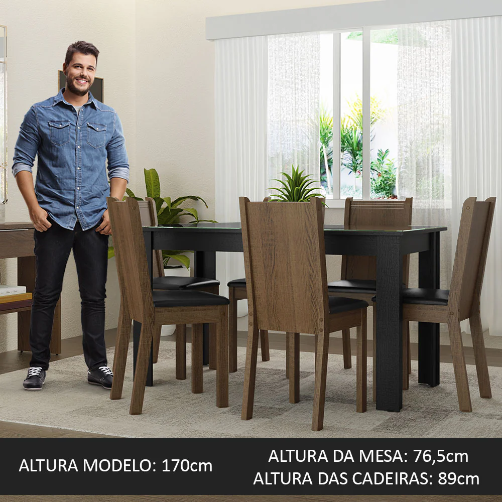 Conjunto Sala de Jantar Mesa Tampo de Vidro 6 Cadeiras Preto/Rustic Isla Madesa - Image 4