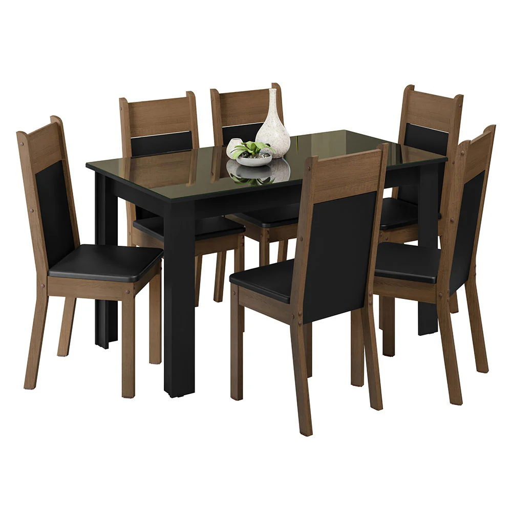 Conjunto Sala de Jantar Mesa Tampo de Vidro 6 Cadeiras Preto/Rustic Zoe Madesa - Image 2