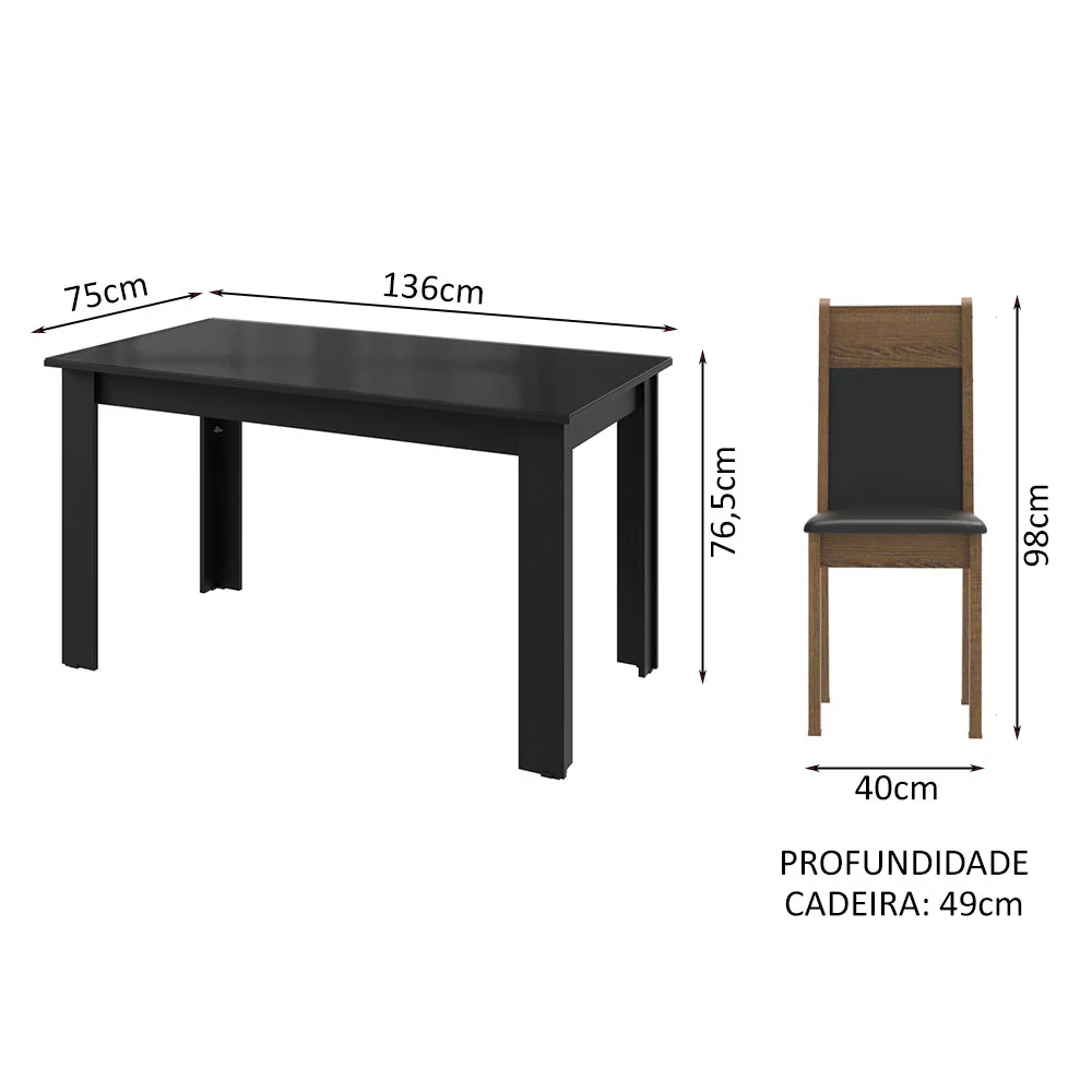 Conjunto Sala de Jantar Mesa Tampo de Vidro 6 Cadeiras Preto/Rustic Zoe Madesa - Image 3