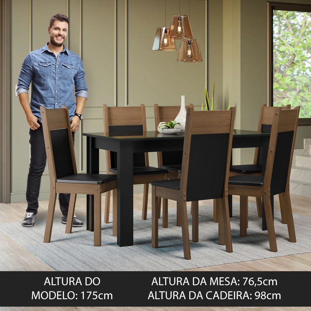 Conjunto Sala de Jantar Mesa Tampo de Vidro 6 Cadeiras Preto/Rustic Zoe Madesa - Image 4