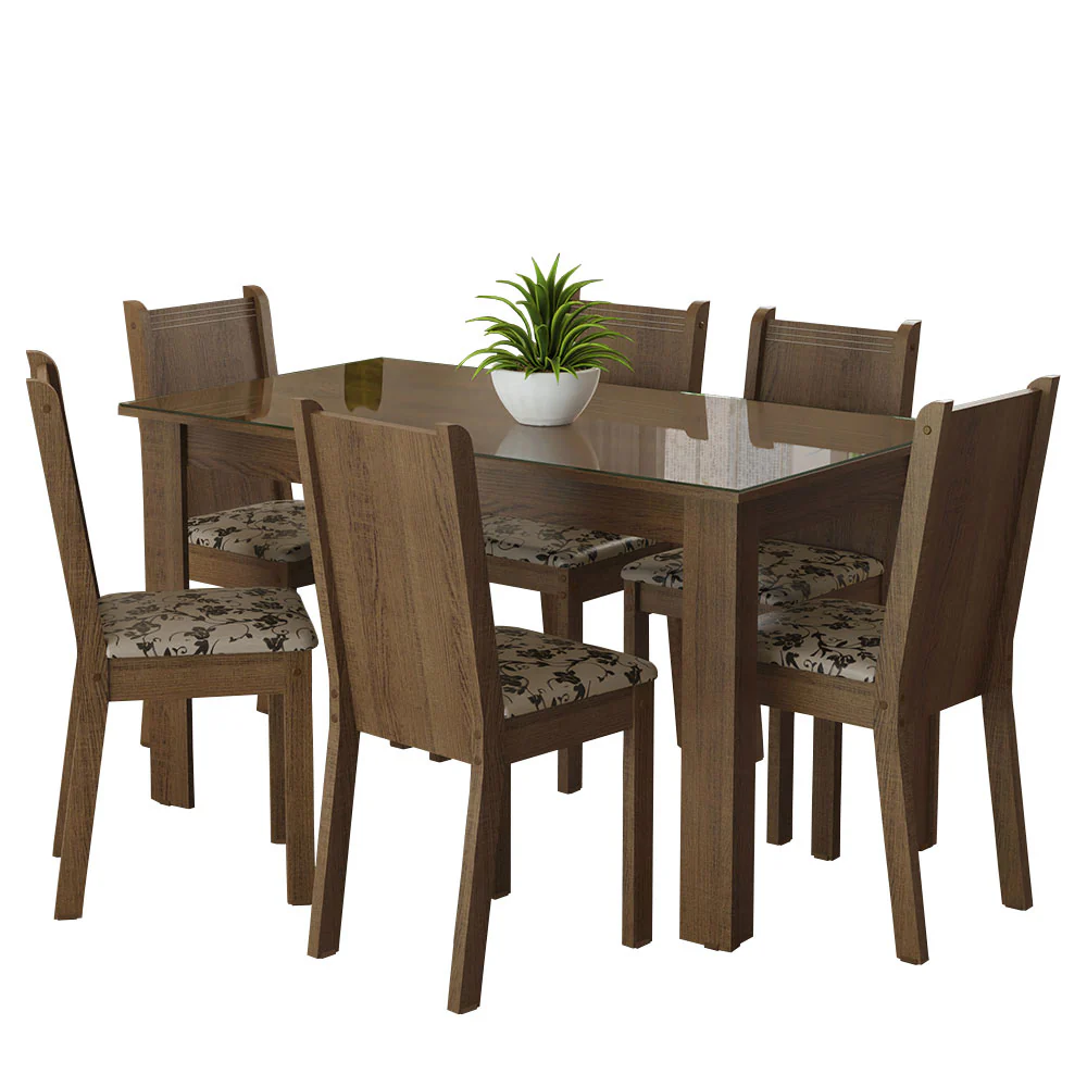 Conjunto Sala de Jantar Mesa Tampo de Vidro 6 Cadeiras Rustic/Bege Marrom Isla Madesa - Image 2