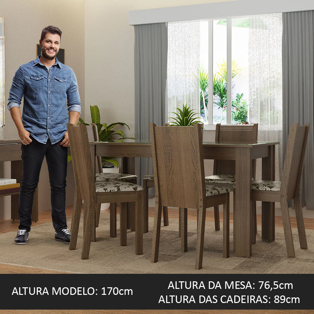 Conjunto Sala de Jantar Mesa Tampo de Vidro 6 Cadeiras Rustic/Bege Marrom Isla Madesa - Image 4