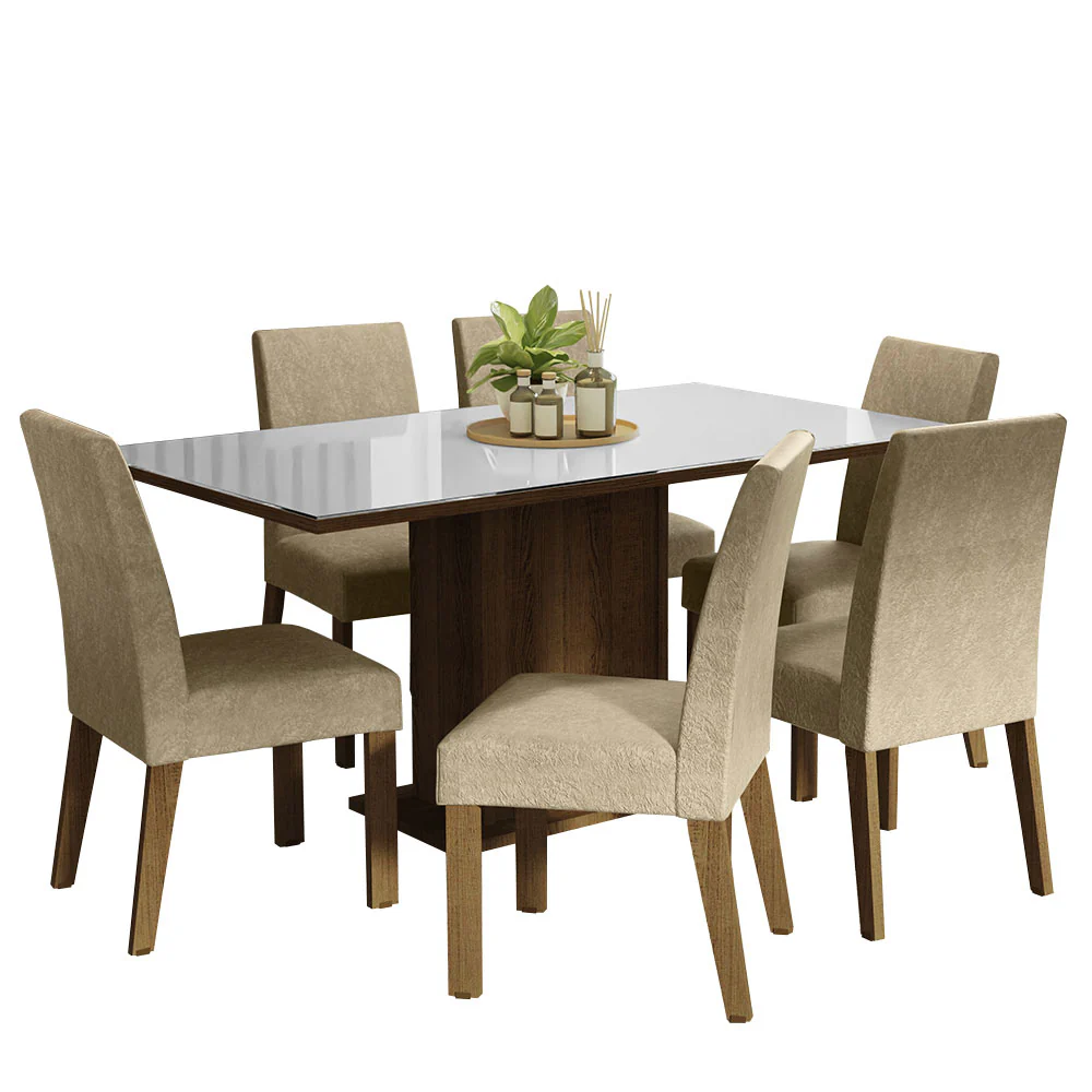Conjunto Sala de Jantar Mesa Tampo de Vidro 6 Cadeiras Rustic/Branco/Imperial Alexis Madesa - Image 2