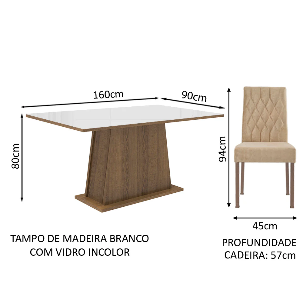 Conjunto Sala de Jantar Mesa Tampo de Vidro 6 Cadeiras Rustic/Branco/Imperial Stéfani Madesa - Image 3