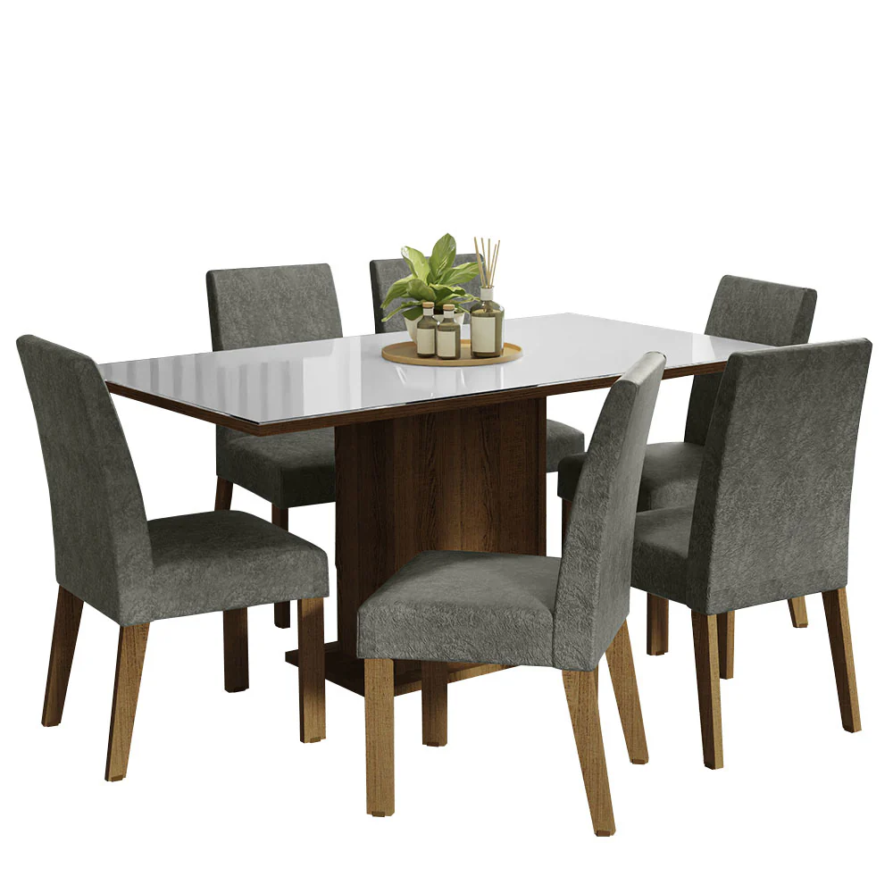 Conjunto Sala de Jantar Mesa Tampo de Vidro 6 Cadeiras Rustic/Branco/Silver Alexis Madesa - Image 2