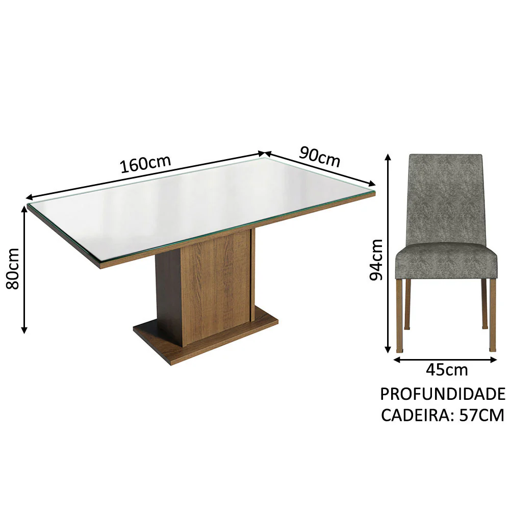 Conjunto Sala de Jantar Mesa Tampo de Vidro 6 Cadeiras Rustic/Branco/Silver Alexis Madesa - Image 5
