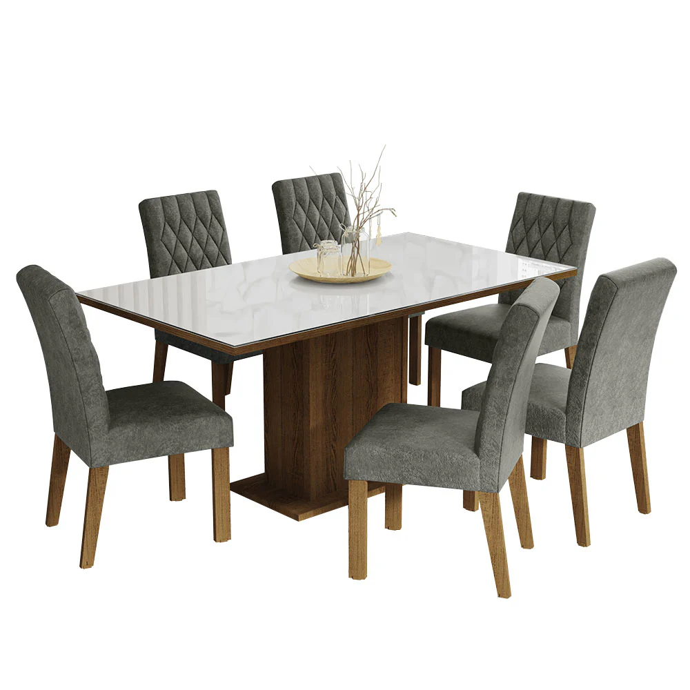 Conjunto Sala de Jantar Mesa Tampo de Vidro 6 Cadeiras Rustic/Branco/Silver Geórgia Madesa - Image 2