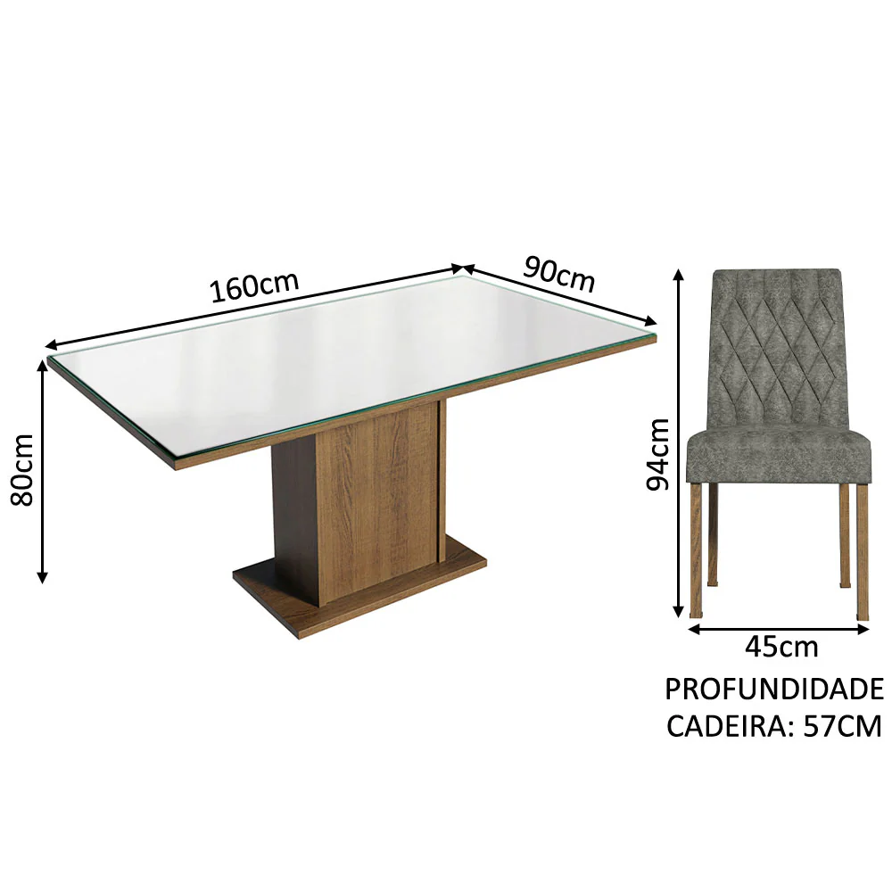 Conjunto Sala de Jantar Mesa Tampo de Vidro 6 Cadeiras Rustic/Branco/Silver Geórgia Madesa - Image 6