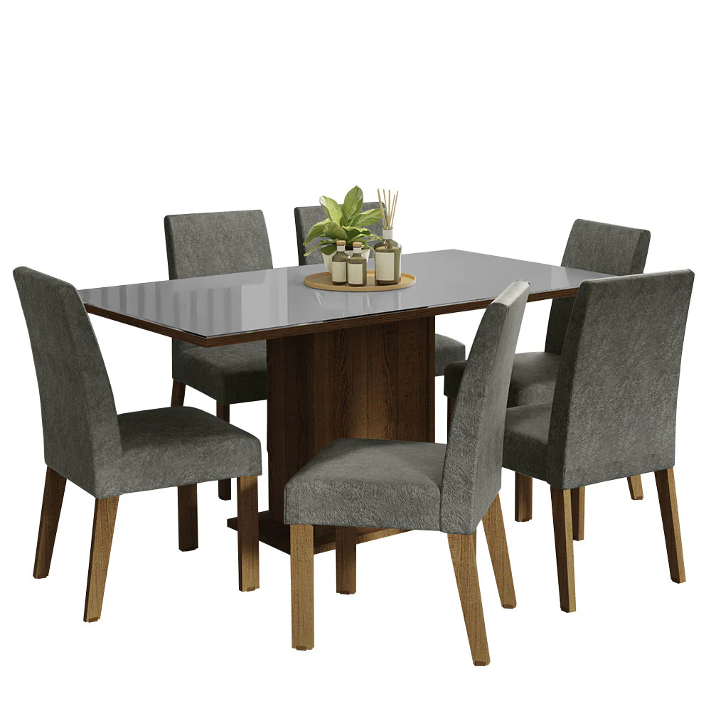 Conjunto Sala de Jantar Mesa Tampo de Vidro 6 Cadeiras Rustic/Cinza/Silver Alexis Madesa - Image 2