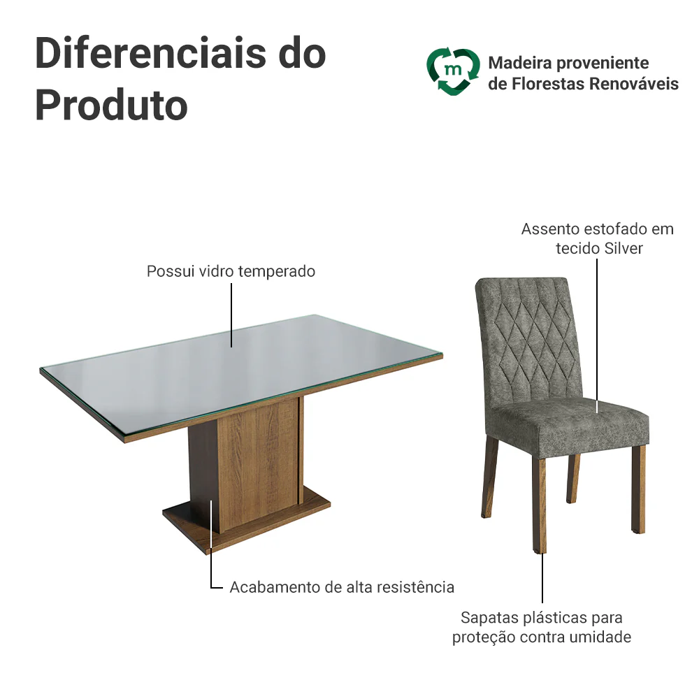 Conjunto Sala de Jantar Mesa Tampo de Vidro 6 Cadeiras Rustic/Cinza/Silver Geórgia Madesa - Image 4