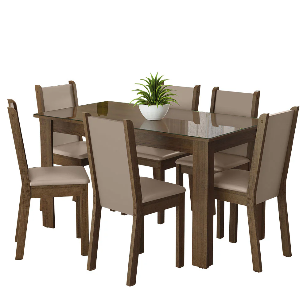 Conjunto Sala de Jantar Mesa Tampo de Vidro 6 Cadeiras Rustic/Crema/Bege Heloísa Madesa - Image 2