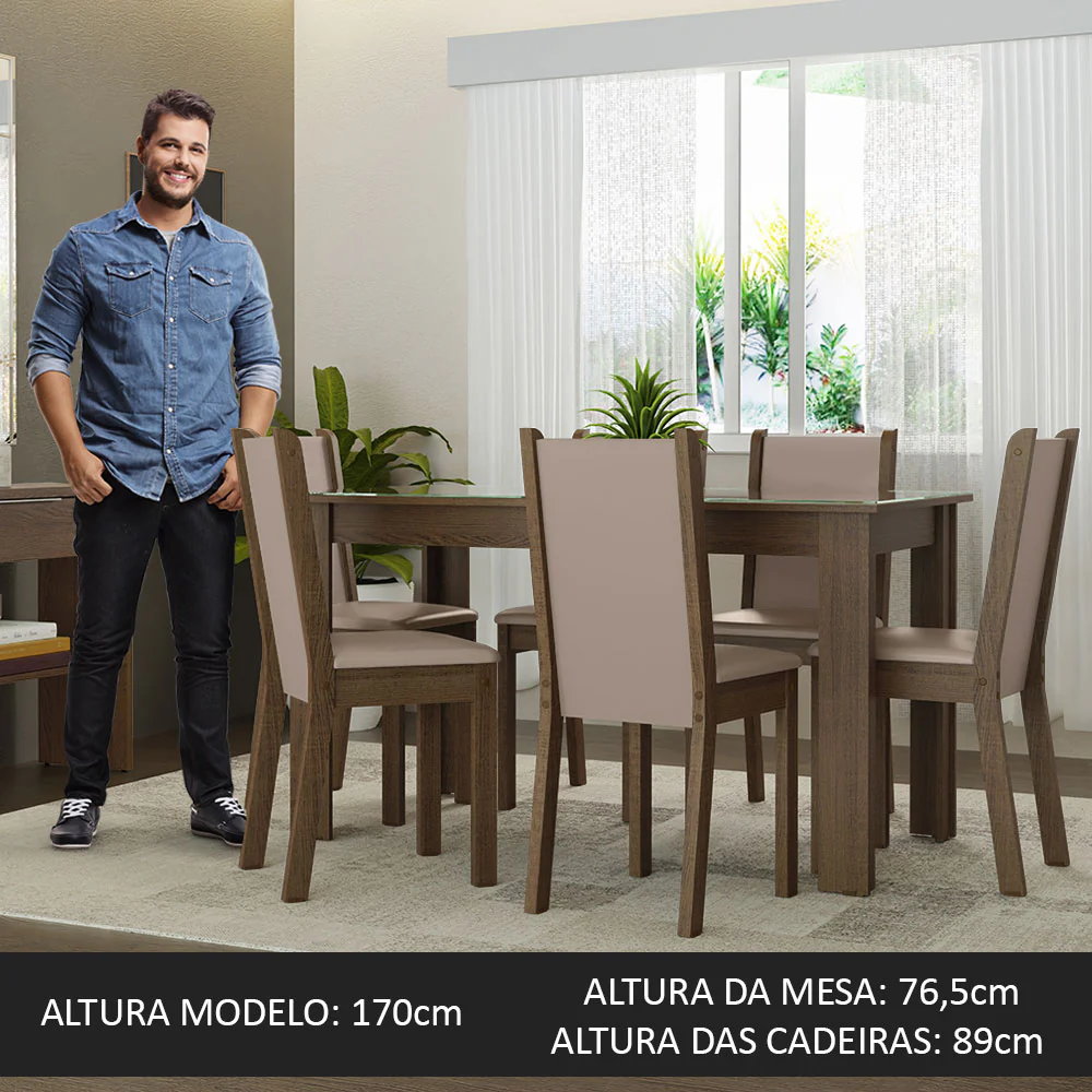 Conjunto Sala de Jantar Mesa Tampo de Vidro 6 Cadeiras Rustic/Crema/Bege Heloísa Madesa - Image 4