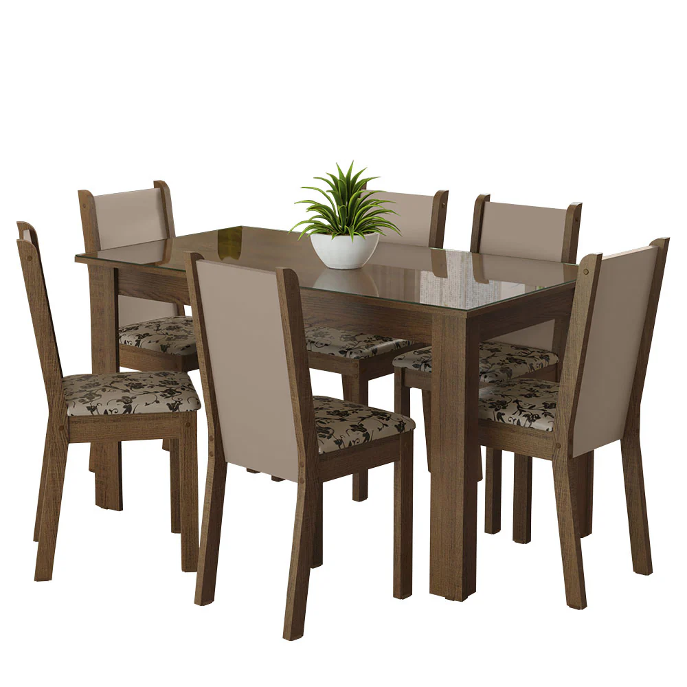 Conjunto Sala de Jantar Mesa Tampo de Vidro 6 Cadeiras Rustic/Crema/Bege Marrom Heloísa Madesa - Image 2