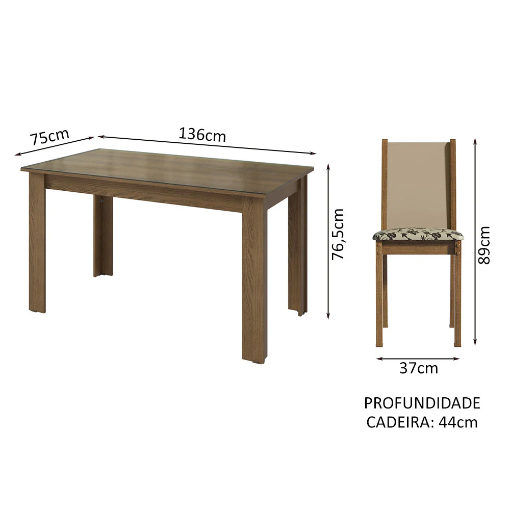 Conjunto Sala de Jantar Mesa Tampo de Vidro 6 Cadeiras Rustic/Crema/Bege Marrom Heloísa Madesa - Image 3