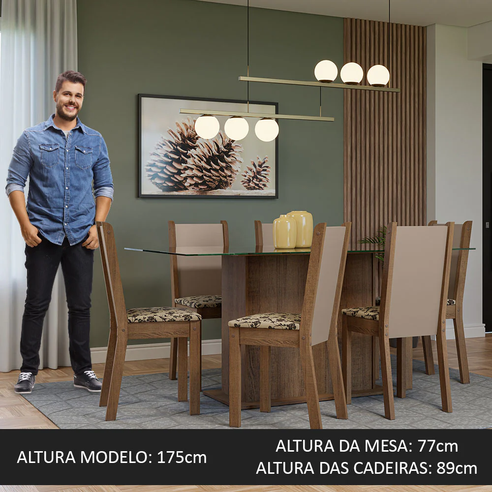 Conjunto Sala de Jantar Mesa Tampo de Vidro 6 Cadeiras Rustic/Crema/Bege Marrom Yolanda Madesa - Image 5
