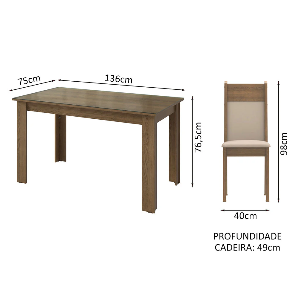 Conjunto Sala de Jantar Mesa Tampo de Vidro 6 Cadeiras Rustic/Crema/Bege Zoe Madesa - Image 3