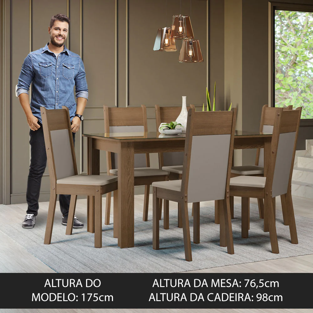 Conjunto Sala de Jantar Mesa Tampo de Vidro 6 Cadeiras Rustic/Crema/Bege Zoe Madesa - Image 4